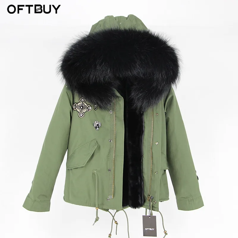 OFTBUY парка с вышивкой бриллиантами цвета хаки, зеленая зимняя куртка, пальто, женские парки, пальто с натуральным мехом енота, воротник теплый - Цвет: 19