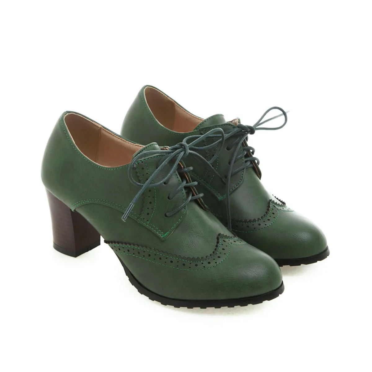 Ladies high heel Boots Lace-up cut out breathable Low Top Shoes Round toe Pumps Retro Mujer Zapatos Brown Green Black Grey 43 41