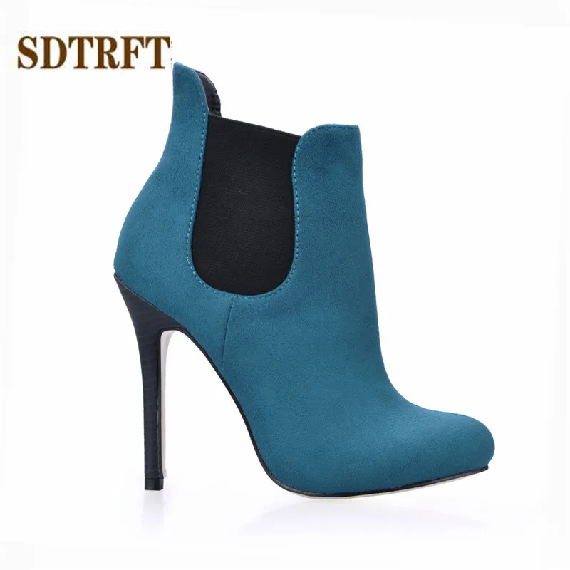 

SDTRFT Flock Spring Stilettos 12cm thin high heels Ankle boots Pointed Toe shoes Woman Crossdresser Botas party pumps US10 11 12