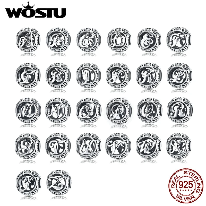 

WOSTU Genuine 925 Sterling Silver Fashion Letter A-Z Beads Charm fit Original Bracelet Necklace Woman DIY Jewelry Making BKC738