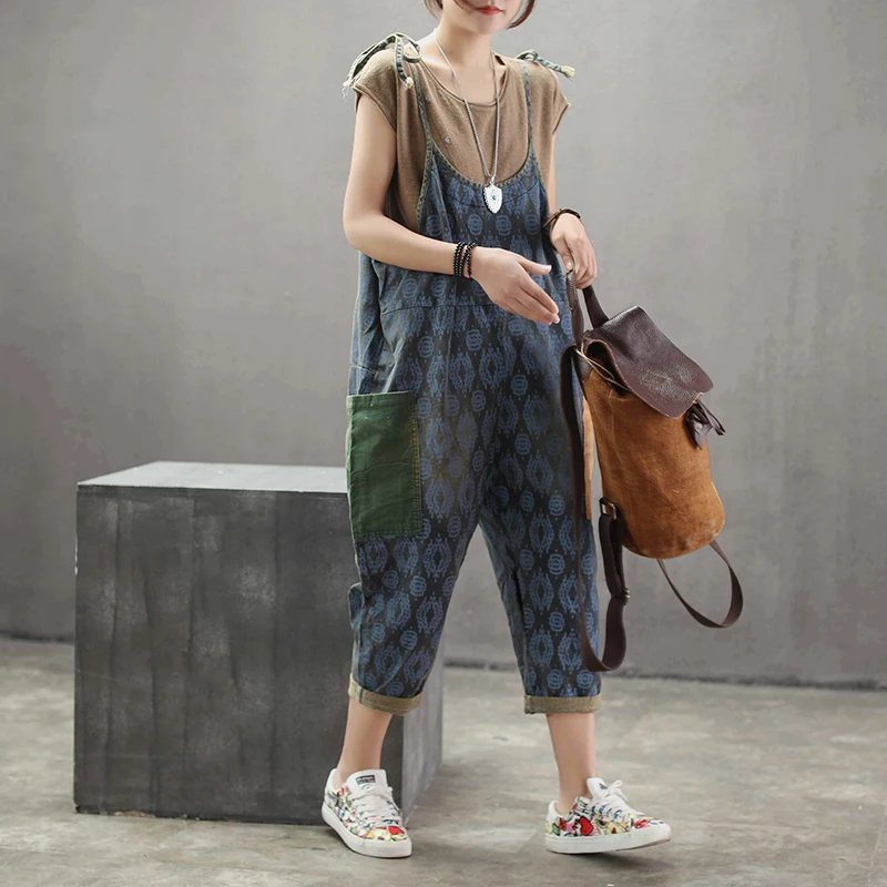 Spring Autumn Jumpsuits Women Large size Loose Retro Rompers 2019 New Casual Print pocket Ladies Overalls | Женская одежда