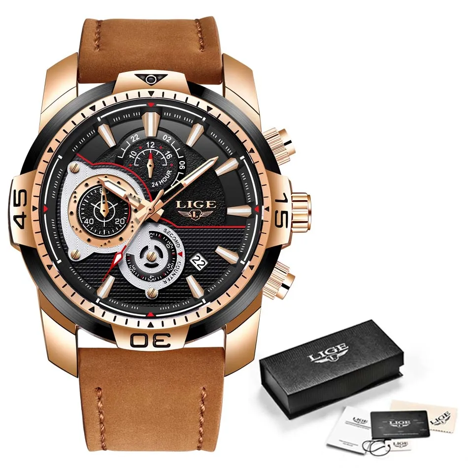 Rose gold black LIGE часы мужские спортивные водонепроницаемые аналоговые деловые мужские часы с хронографом Мужские кварцевые часы для мужчин Relogio Masculino - Цвет: Rose gold black