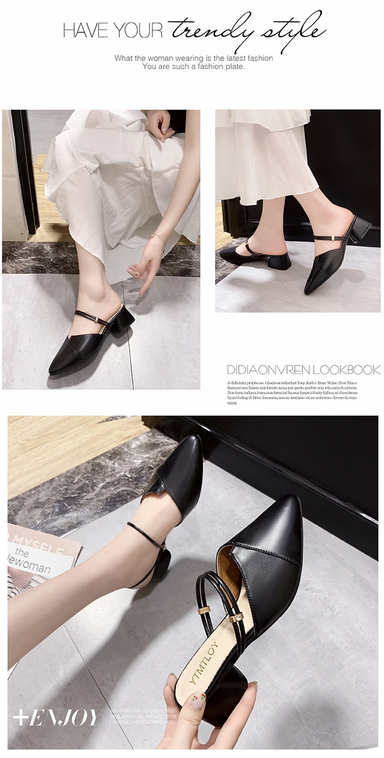 Party Women Mules Slipper Pointed Toe Block Strap Closed Shallow High Heels Shoes Sandals Black Beige Square heel Pumps