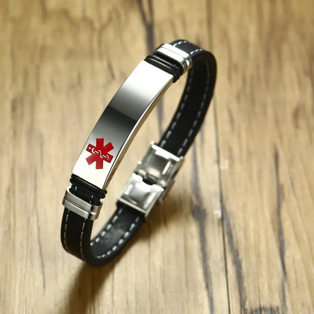 

Men Black Leather Medical Alert Bracelet with Carving Disease