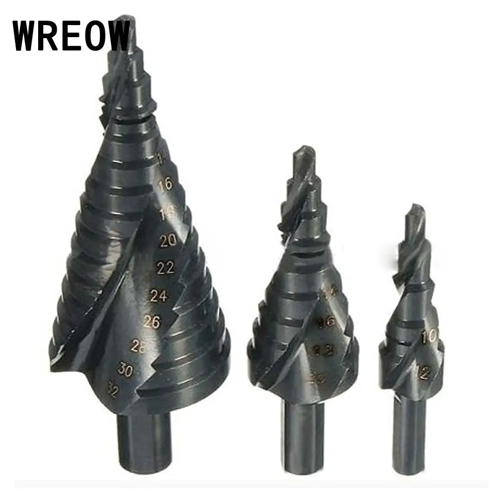 

3pcs HSS Spiral Grooved Nitriding Step Drill Bit Set 3Side Shank Hole Cutter Step Drill 4-12/4-20/4-32mm Woodworking Tool 2019
