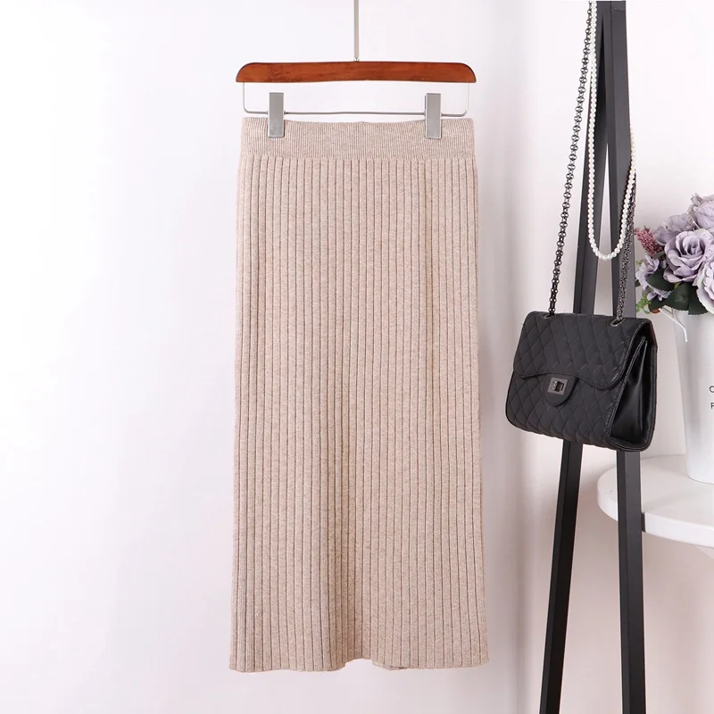 khaki 60cm GIGOGOU длинные осенне-зимние женские юбки, высокая эластичная мягкая трикотажная юбка-свитер, Толстая теплая Женская юбка в рубчик черного цвета - Цвет: khaki 60cm