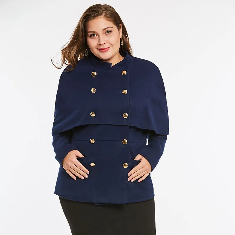 Пальто-накидка больших размеров женская модная офисная синяя двубортная