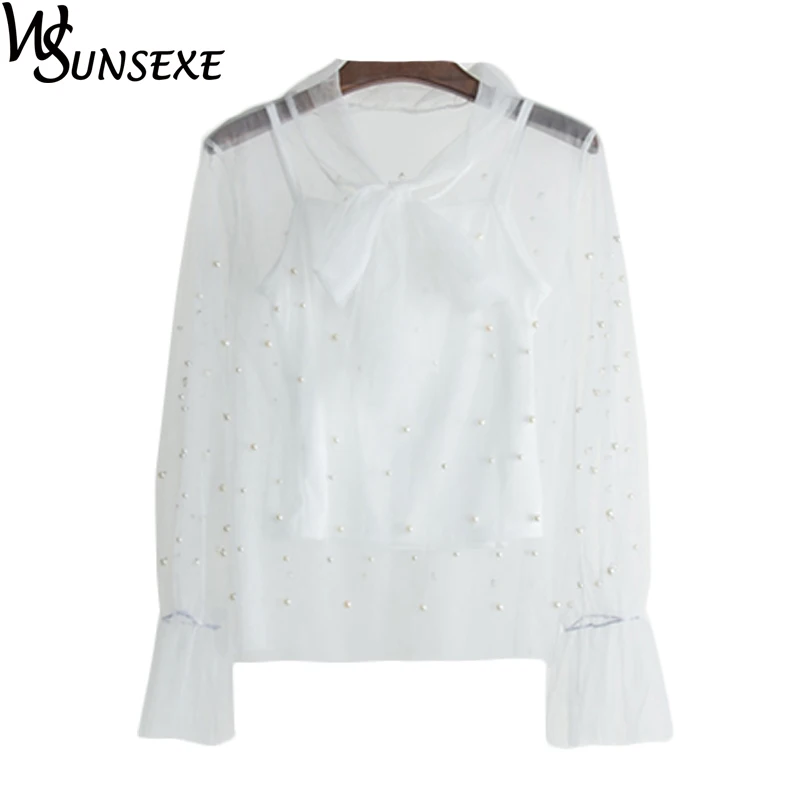 Блузка женская кружевная с длинным рукавом и бантом|lace shirts women|lace shirtshirt women |