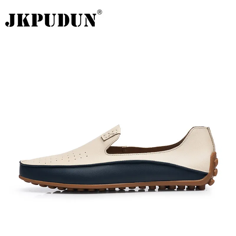 White JKPUDUN/большие размеры; мужская повседневная обувь из натуральной кожи; водонепроницаемые Мокасины без шнуровки; Роскошные Брендовые мужские лоферы; мокасины; итальянская дизайнерская обувь - Цвет: White