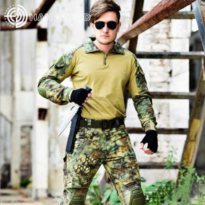 Jungle Python Лесной камуфляж охотничья одежда тактический Набор лягушек военная форма боевой костюм страйкбол снайперская рубашка+ брюки наколенники - Цвет: Jungle Python