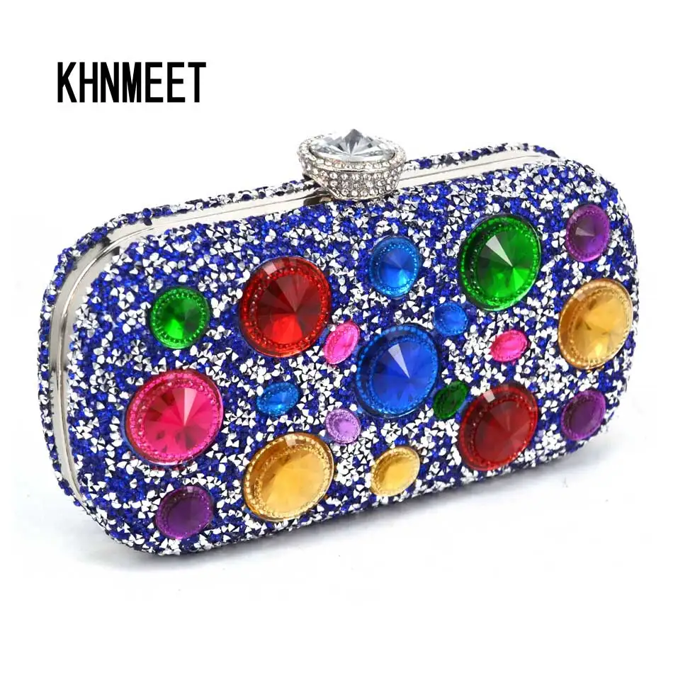 Новейший многоцветный большой вечерний кошелек с кристаллами синий серебристый