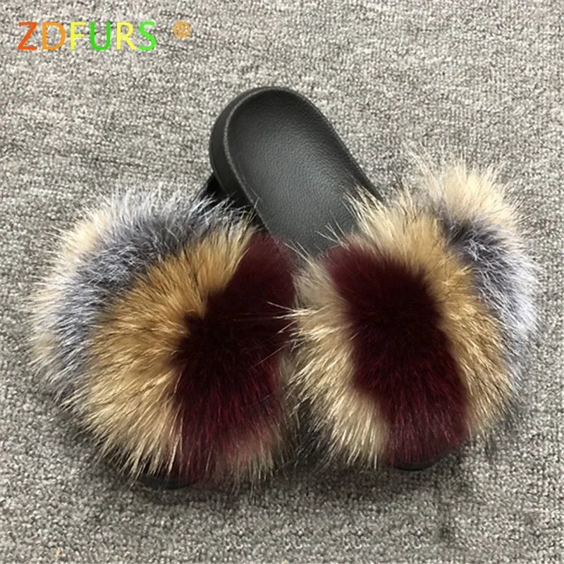 wine raccoon silver ZDFURS/; Лидер продаж; женские шлепанцы с лисьим мехом; Разноцветные Летние модные шлепанцы; женские меховые домашние Вьетнамки; пляжные сандалии - Цвет: wine raccoon silver