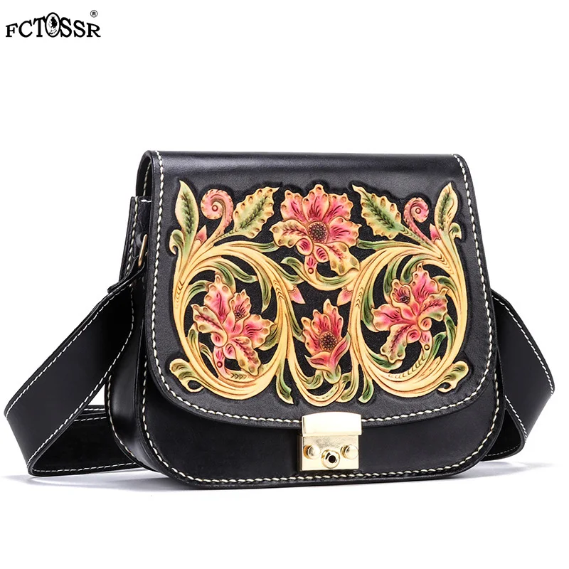 

Chinese National Style Leather Lady Crossbody Bag Handmade Craving Women Small Saddle Bag Original Design Vintage Shoulder Bag