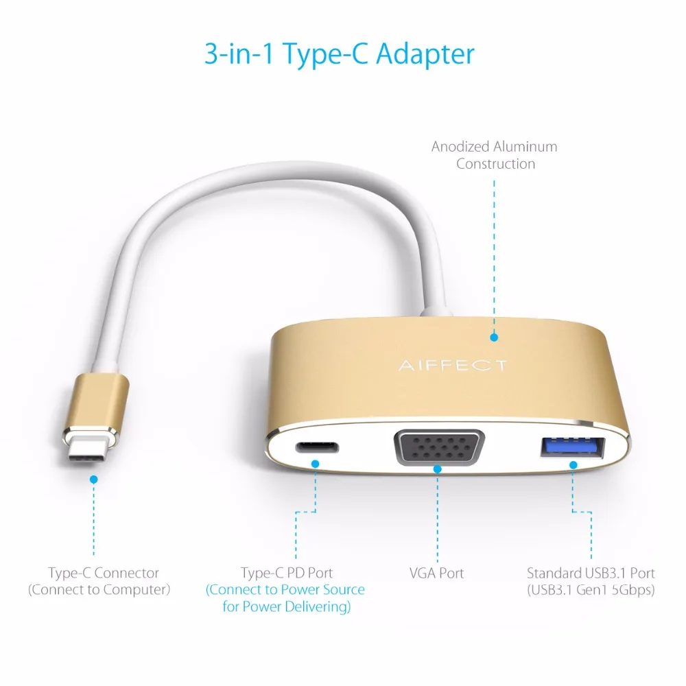 AIFFECT Тип C к VGA адаптер Hub с DP алюминиевый порт USB3.1 3 в 1 USB хаб для кабель