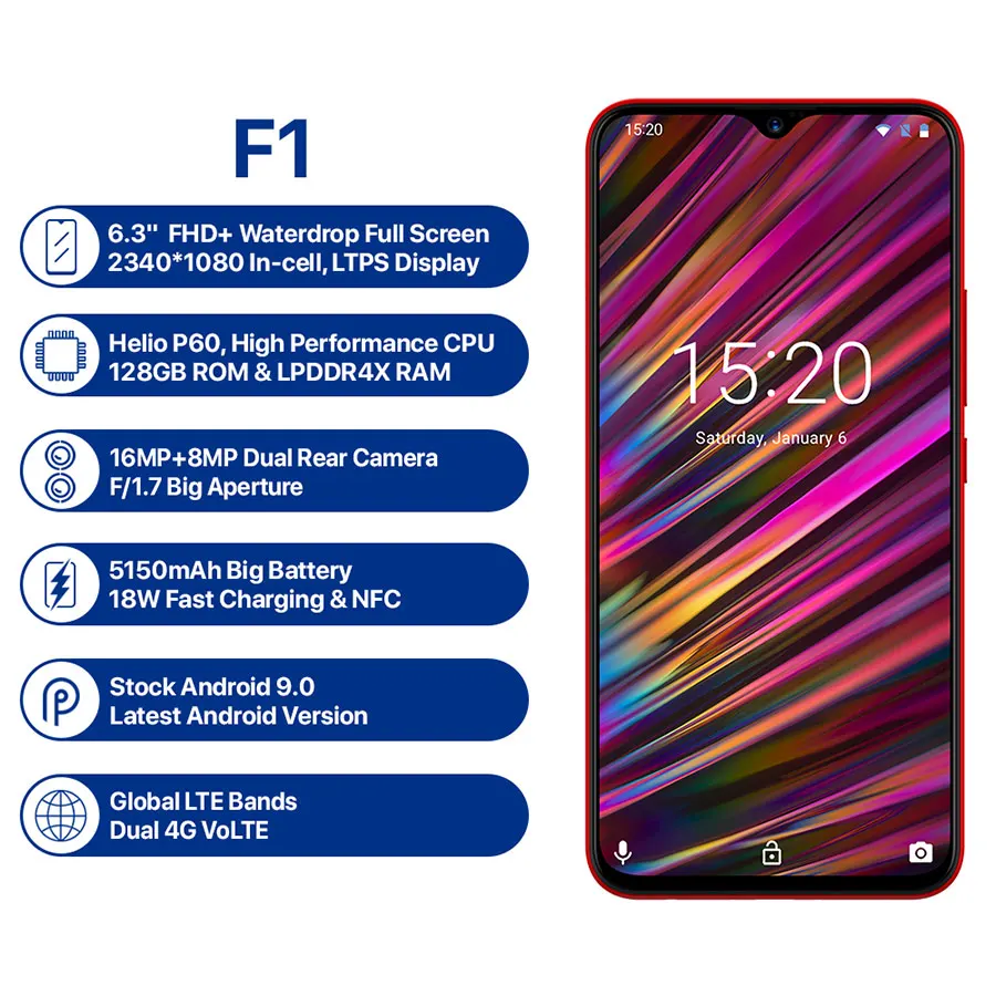 Европейская версия UMIDIGI F1 Android 9 0 6 3 &quotдюймовый дисплей с каплями воды Helio P60 4 Гб + 128