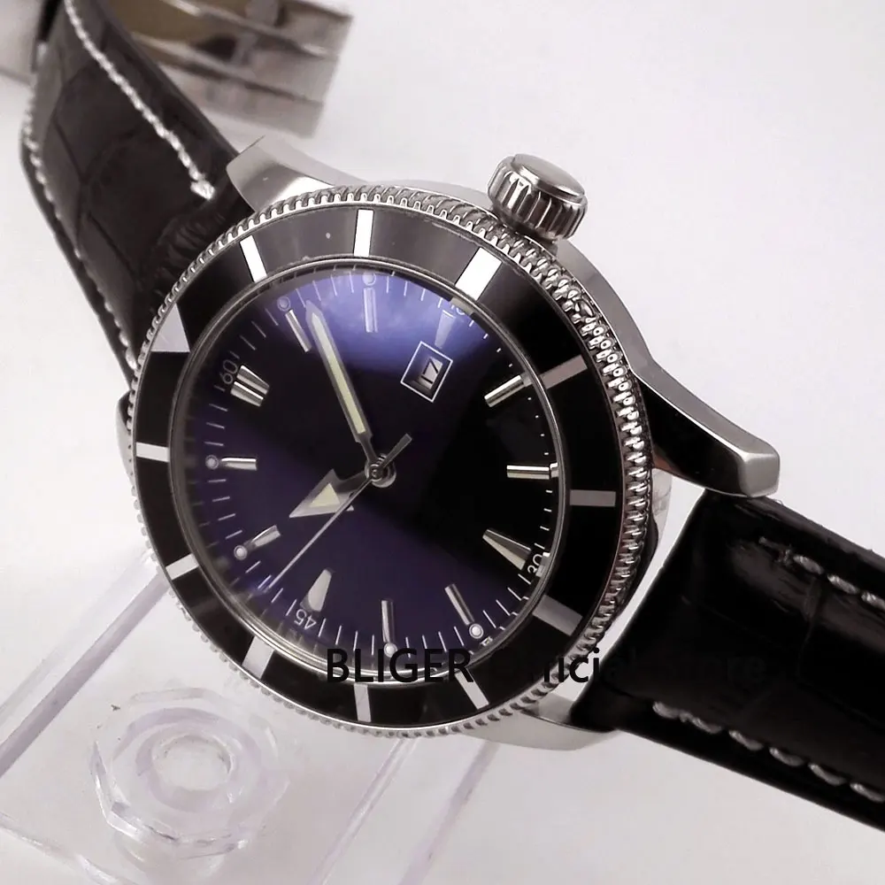 

Fashion 46mm Bliger black leather strap black dial bezel luminous hands MIYOTA automatic movement men's watch wristwatch BA4