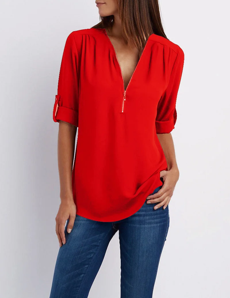 

Women Chiffon Blouse V-neck Long Sleeve Solid Color Loose Type Shirt Zipper Decoration Large Size S To 5XL Multiple Color