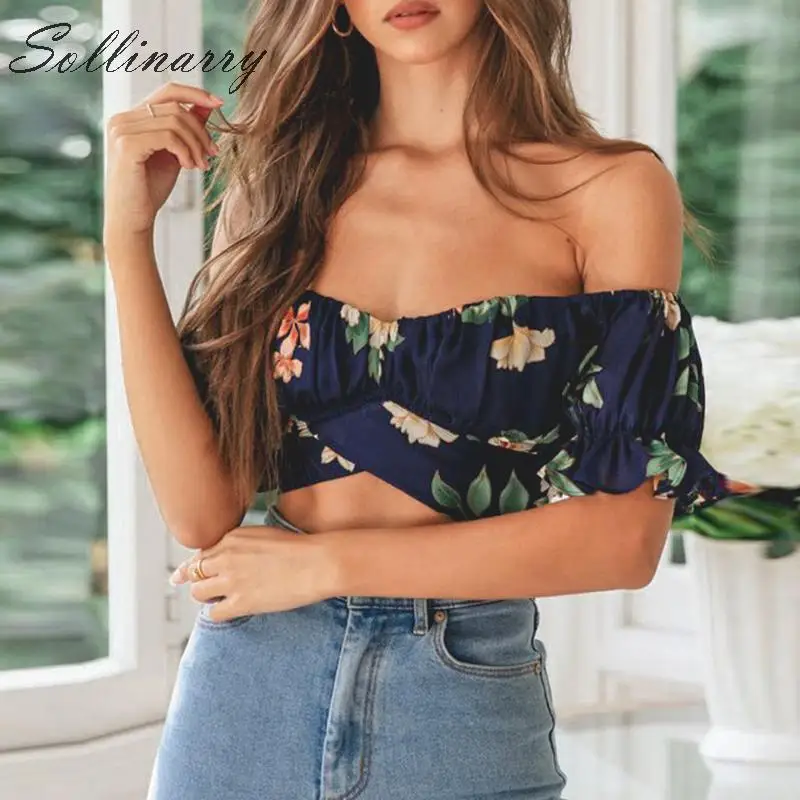 Sollinarry с открытыми плечами сексуальный топ и блузки для женщин Boho короткий рукав