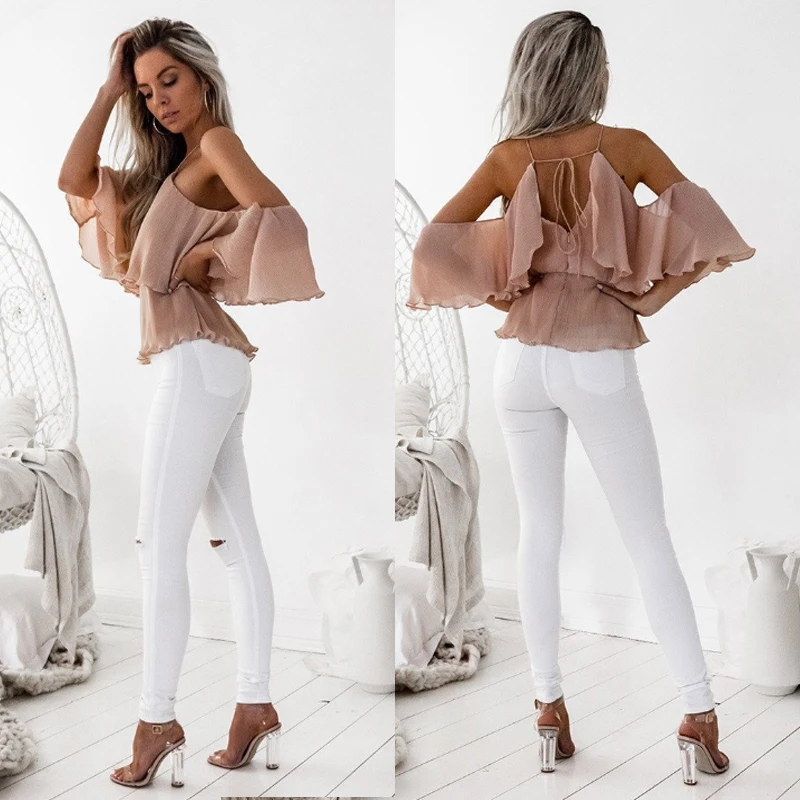 Сексуальная Блузка с открытыми плечами Женская Повседневная шифоновая блузка