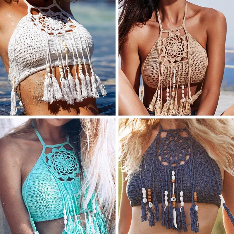 2019 Fringe Bohemia sexy Handmade Crochet Bikini Set Push Up Swimwear Bordered Halter Floral Print Beach Bathing Suit |
