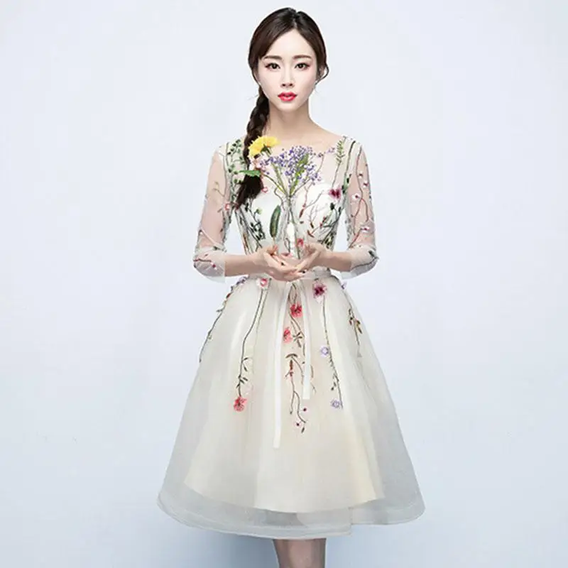 Champagne Women Cocktail Mini Dress Lace Vestido De Noche Elegante Embroidery Flower Formal Gown Sexy Belt Robe De Soiree - Цвет: Champagne 1
