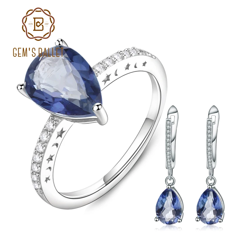 

GEM'S BALLET Natural Iolite Blue Mystic Quartz Gemstone Jewelry Set 925 Sterling Silver Water Drop Earrings Ring Set For Women