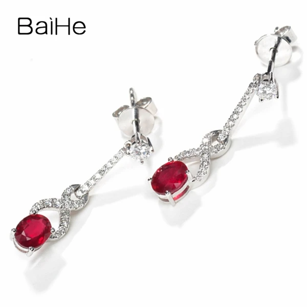 BAIHE Твердое 14 к белое золото 0.80ct Овальный натуральный рубин 0.26ct H/SI бриллианты Свадебные трендовые ювелирные изделия рубис бриллианты серьги