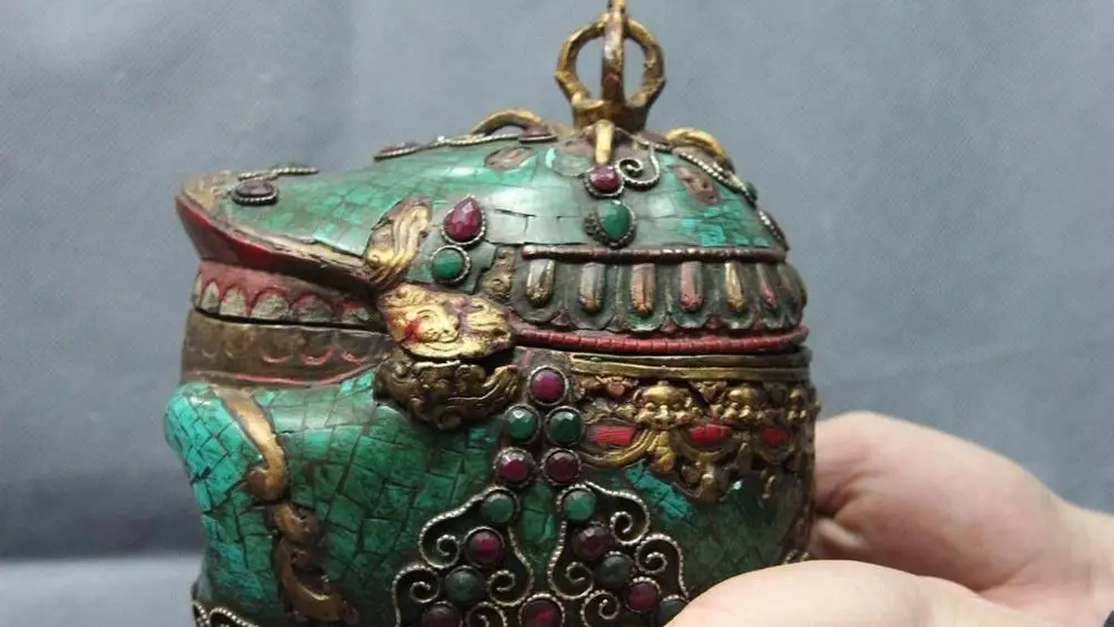 10 Tibet Buddhism Copper Bronze Gilt inlay turquoise Ruby beryl kapala skull cup | Дом и сад