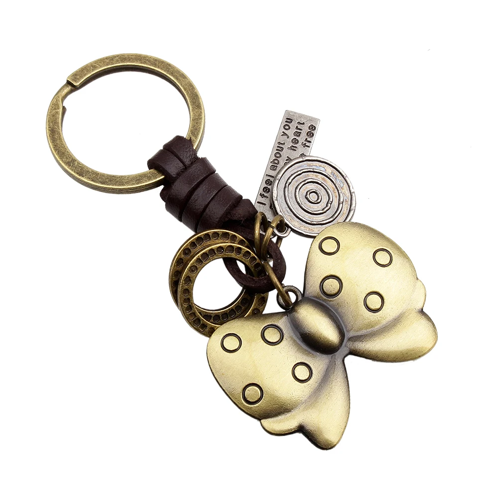 Man Woman Genuine Leather Keyring Key chain Multiple Cute Leaf Butterfly Pedant Charm Gift Car Keys Accessories on Bag | Украшения и