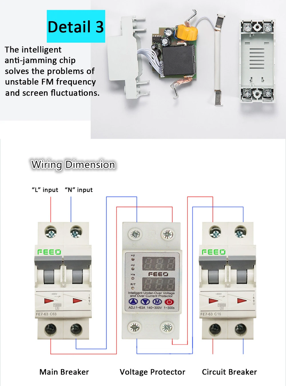FEEO 1-63A 140-300V over voltage and under voltage protective device protector protection relay with voltmeter