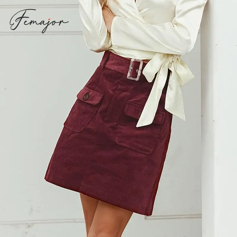 Femajor женские вельветовые юбки Осень зима 2019 модная бордовая мини юбка с высокой