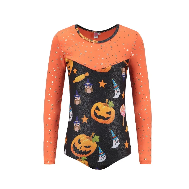 

Dance Clothes Girls Long-sleeved Halloween Pumpkin Head Pattern Body Suit Children Ballet Gymnastics Practice Clothes
