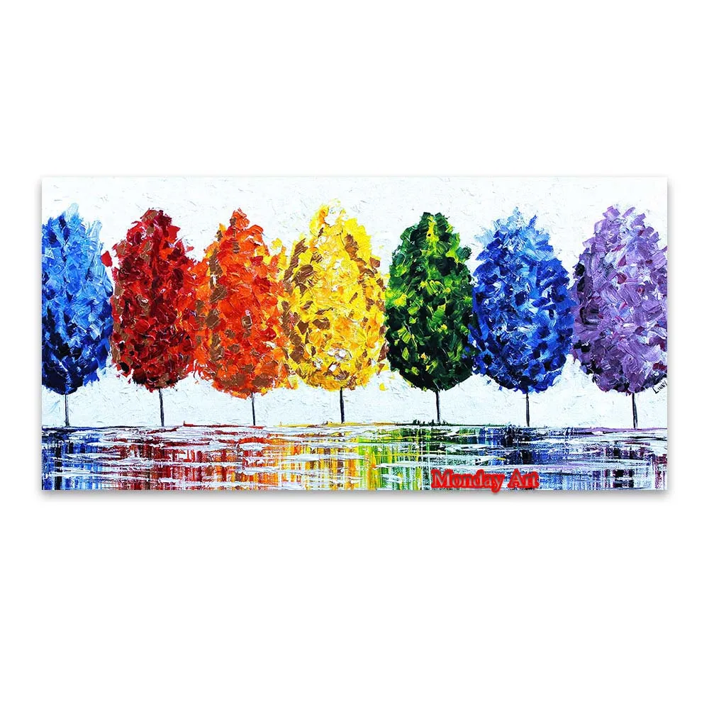 

handpainted Wall Art Canvas Oil Painting Rainbow Tree Wall Pictures landscape oil painting For Living Room Home Decor No Frame