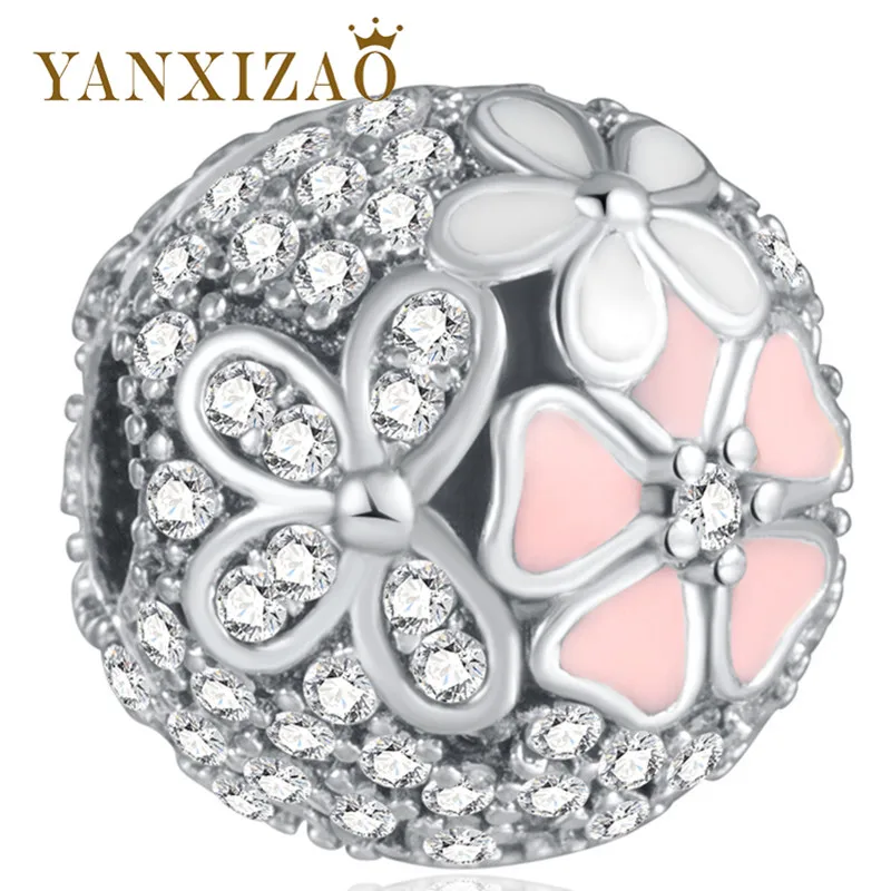 Yanxizao Серебро 925 женские CZ Бусины Fit Pandora Циркон розовый цветок браслет кулон