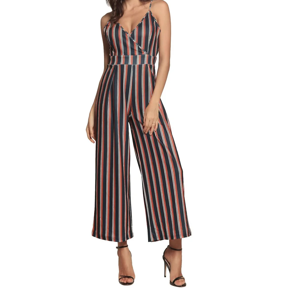 Женский полосатый комбинезон на бретелях-спагетти без рукавов с V-образным
