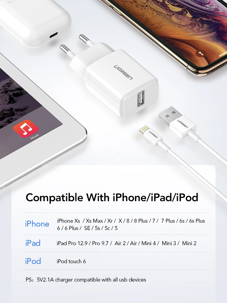 Ugreen 5V2. 1A USB зарядное устройство MFi, кабель USB для iPhone Xs Max XR зарядное устройство для мобильного телефона для iPhone X 8 7 настенное зарядное устройство для ipad