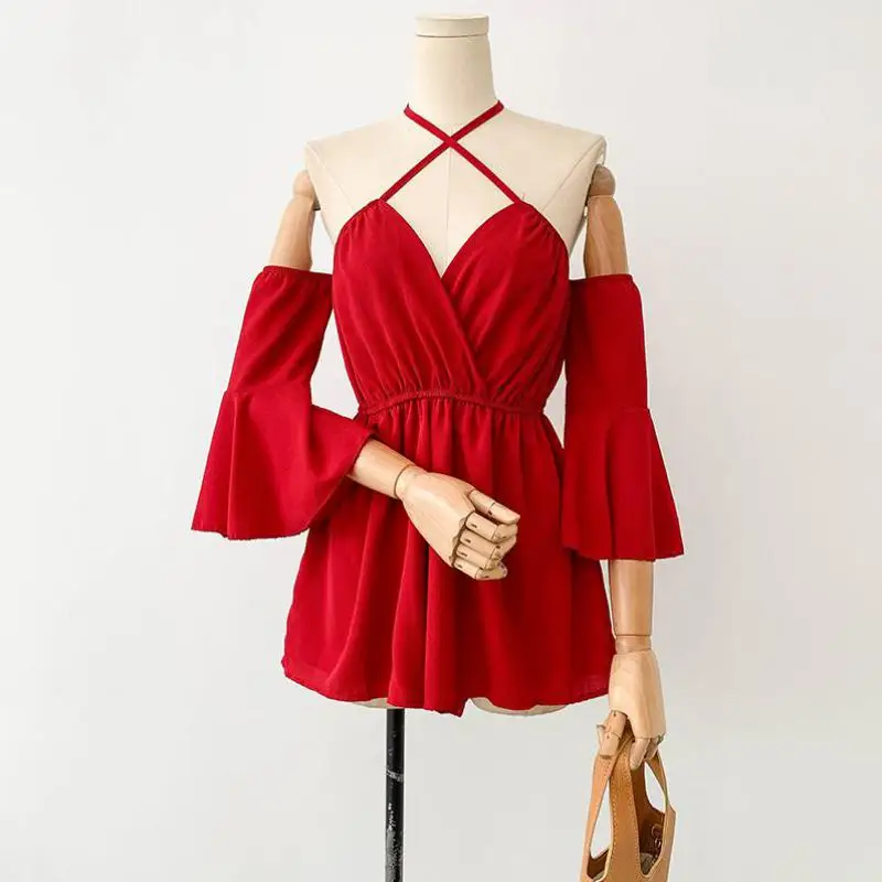 Женские комбинезоны Мода v образным вырезом крест чулок Плечо Flare рукавом