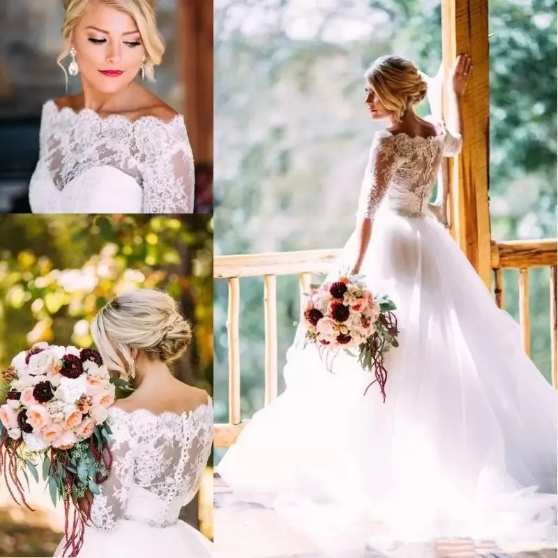 

Vintage Country Lace Wedding Dresses A Line Half Sleeves Tulle Sweep Train Button Garden Bridal Gowns Vestidos De Novia