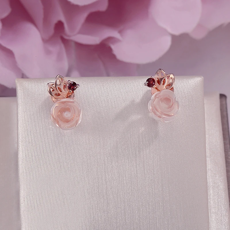 Fine Jewelry Stud Earrings Sterling Silver 925 Natural Pink Rose Quartz Gemstone For Women Flower Romantic Bijoux CCEI015 | Украшения и