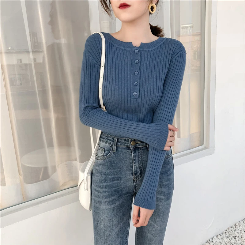 spring winter Slim fit long sleeve Wild pullovers knitted casual solid button o-neck Women's Clothing Korean style fashion brand | Женская