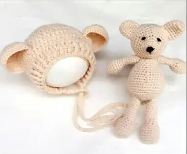 Newborn Photography Props Accessories Bear Cap Hat + Baby Doll Sets Soft Beanie Handmade Knit Toy 0-1M OR 3-4M | Детская одежда и