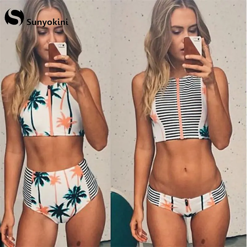 Sunyokini Ретро стиль купальник с принтом пальм женский высокой горловиной на молнии
