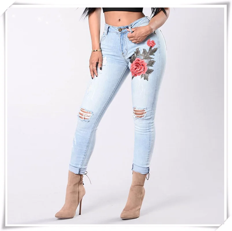 AIDAYOU summer jeans ankle length pants for club beach embroidered holes strengthened women ouc2475 |