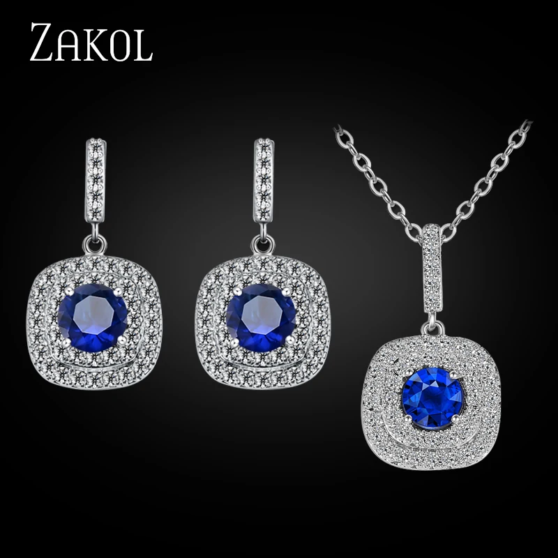 Blue ZAKOL Classic White Color Square Shape Zirconia Crystal Earrings Necklace Set For Women Trendy Bridal Wedding Jewelry FSSP262 - Окраска металла: Blue