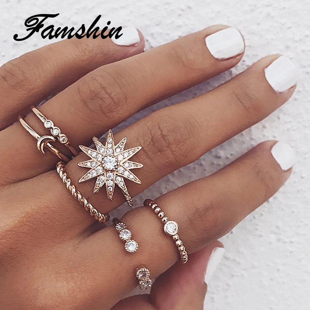 FAMSHIN 6 шт./компл. богемный Винтаж большой цветок костяшки кольца набор 2018 для Для