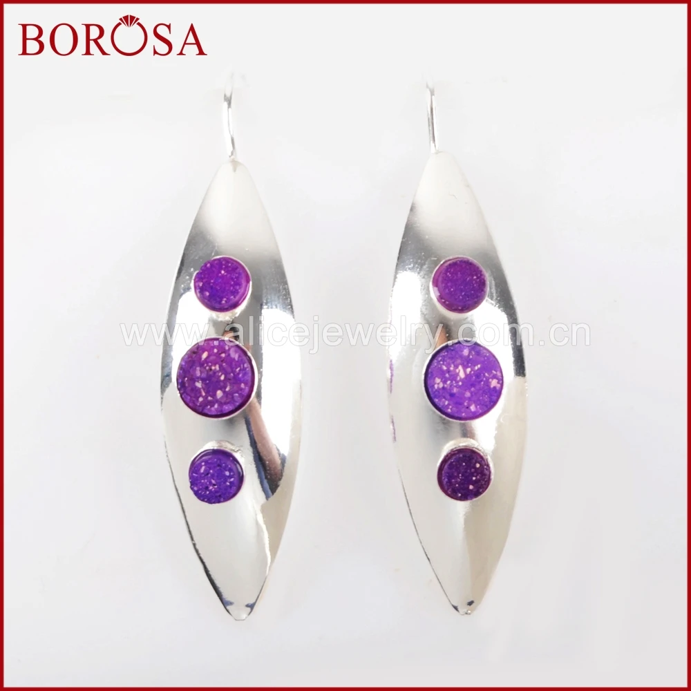 

BOROSA 3/5Pairs New Silver Color Three Round Rainbow Druzy Marquise Dangle Earrings Drusy Drop Earrings Jewelry for Women ZS0253