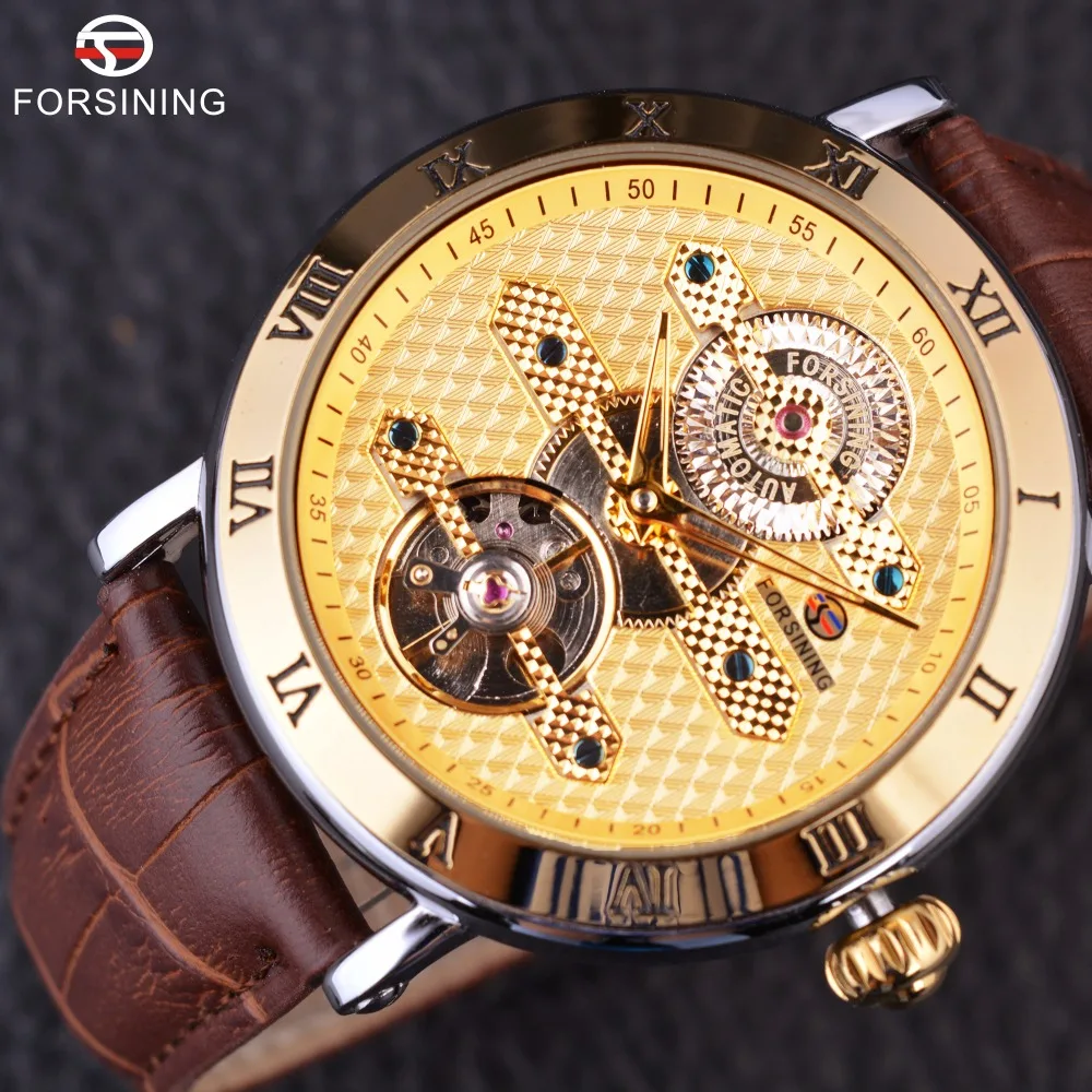 Forsining мужские часы полностью золотые Роскошные автоматические Tourbillion Design 3 ATM