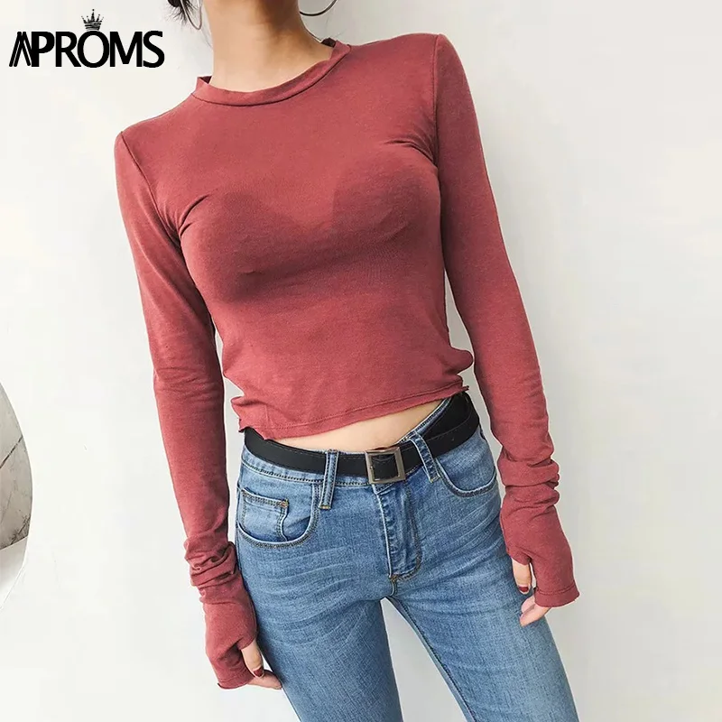 Aproms однотонная корейская модная базовая футболка с длинным рукавом, Женский хлопковый топ, осенняя уличная тонкая футболка, женские белые ржавчины футболки - Цвет: Rust