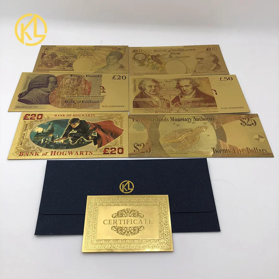 100 шт./лот цветные 24k Золотая фольга Британский банкноты 10 фунтов кредитки золота