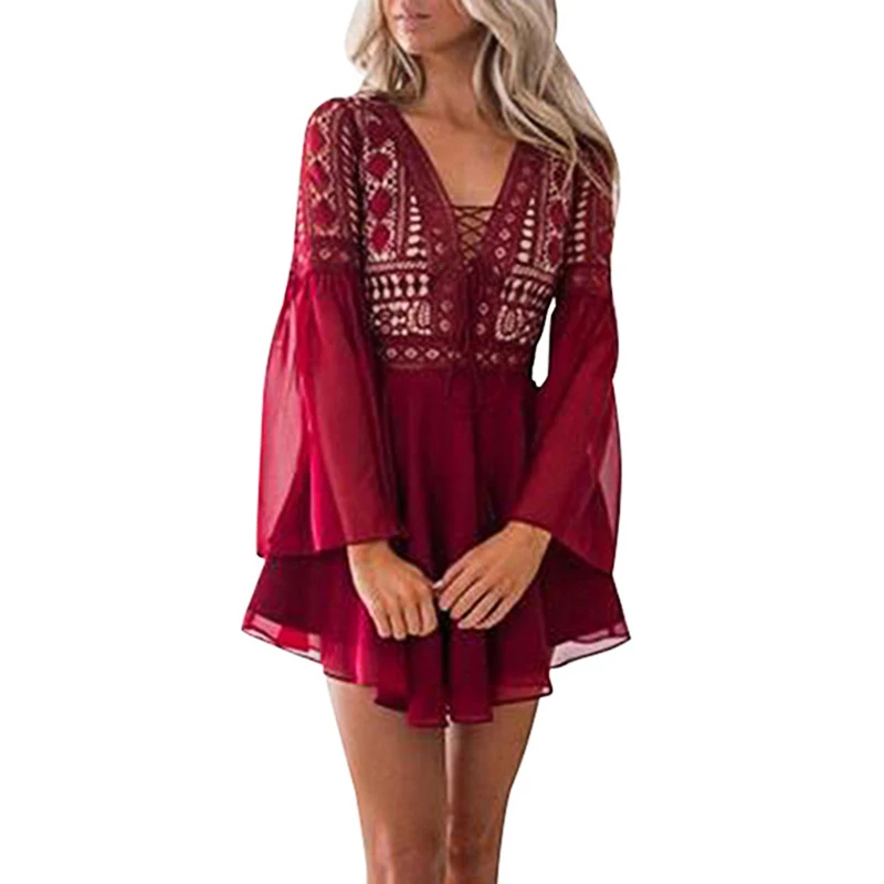 

Sexy Solid Color Flare Sleeve Summer Dress Hollow Out Fashion Dresses